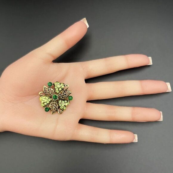 Yellow Gold with Emerald and Peridot Green Crystal Floral Leaf Pin Back Brooch - Picture 7 of 7